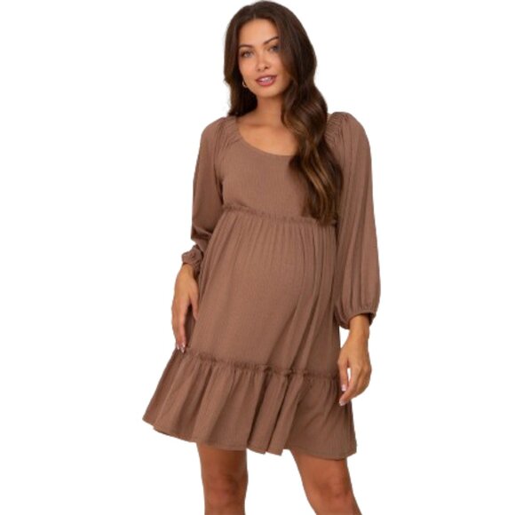 SHE+SKY Mocha Ribbed Tied Back Maternity Mini Dress from Pink Blush - Picture 1 of 12